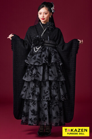 No.4407 最新作ヘップバーン袴　黒/ブラック　ツイード　フロッキー素材のドレス袴　エレガント　大人っぽい　Shiho【通販可】LH18