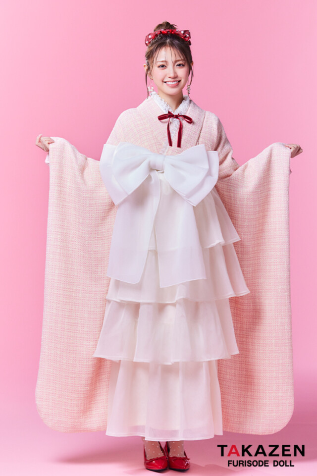 最新作ヘップバーン袴　ピンク　ツイード　シフォンドレス袴　おしゃれ　かわいい　ガーリー　リボン小物コーデ　香音【通販可】LH15の衣装画像1