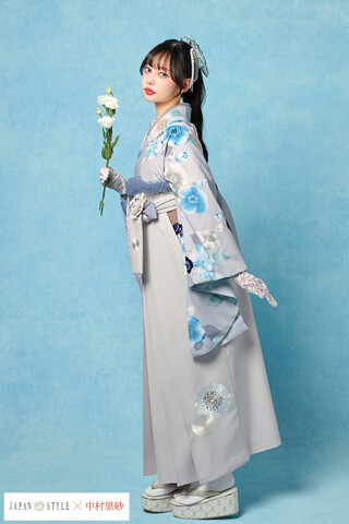 No.4416 JAPAN STYLE×中村里砂ブランド袴ネットレンタル　ライトグレー/水色　水彩画風　くすみ系　かわいい　ニュアンスカラー　R26098