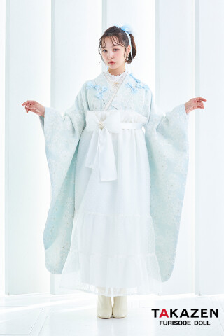 No.4469 キュート＆ガーリー袴　水色　リボン付き　かわいい　オーガンジー　レースインナーコーデ　香川るな　リボン付きドレス袴ネットレンタル　　LH9