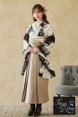 No.4472 東京レトロ袴ネットレンタル　正統派古典　ブラウン/茶　牡丹柄　上品　落ち着いた色　ブーツコーデ　マーシュ彩　R26071