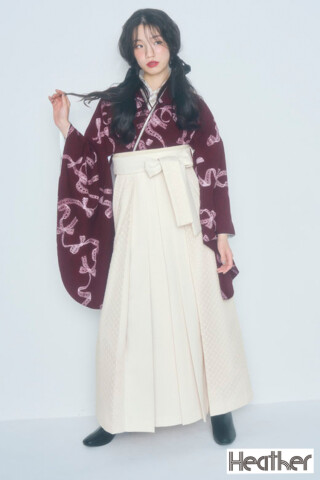 No.4482 Heatherブランド袴ネットレンタル　エンジ/ワインレッド　リボン柄　フェミニン　ガーリー　かわいい　お人形さんみたいな袴　R27035