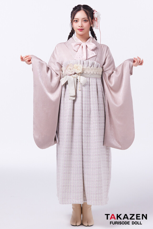 最新作ヘップバーン袴 くすみピンク 無地 ツイード袴 ガーリー かわいい リボン小物コーデ Shiho【通販可】LH20の衣装画像1
