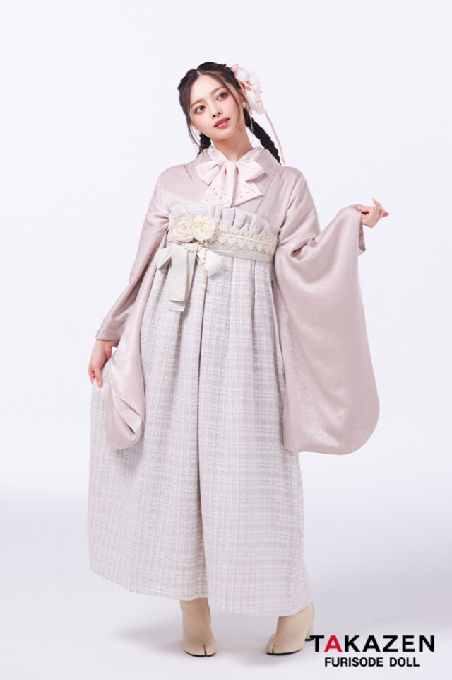 最新作ヘップバーン袴 くすみピンク 無地 ツイード袴 ガーリー かわいい リボン小物コーデ Shiho【通販可】LH20の衣装画像2