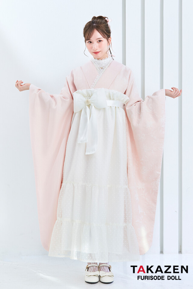 ヴィンテージスタイル袴　ピンク　淡い色　ラメ入り生地/フロッキー生地　おしゃれ　かわいい　リボン付きドレス袴ネットレンタル　白宮みずほ　LH6の衣装画像1