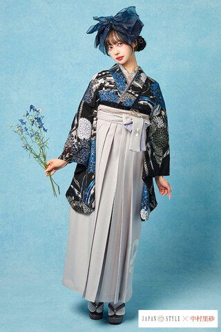 No.4499 JAPAN STYLE×中村里砂ブランド袴ネットレンタル　古典柄　黒/青　乱菊　かっこいい　大人っぽい　R26094