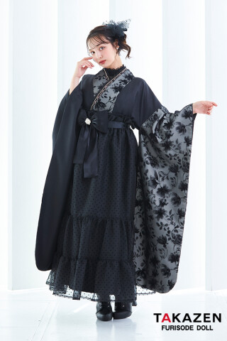 No.5224 ヴィンテージスタイル袴　黒/ブラック　ラメ入り生地/フロッキー生地　おしゃれ　スタイリッシュ　リボン付きドレス袴ネットレンタル　香川るな　LH4