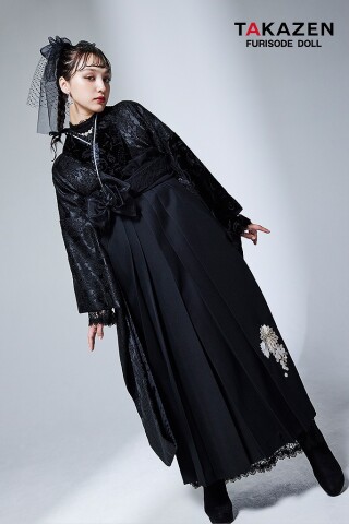 No.5229 ヴィンテージスタイル　黒/オールブラック　ジャガード生地　ベルベット　おしゃれ　レースインナー　ブーツコーデ　香川るな袴ネットレンタル　LH1