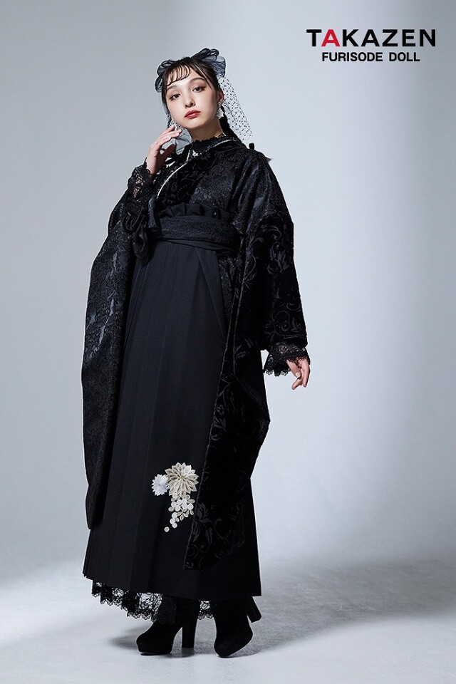 ヴィンテージスタイル 黒/オールブラック ジャガード生地 ベルベット おしゃれ レースインナー ブーツコーデ 香川るな袴ネットレンタル LH1の衣装画像2