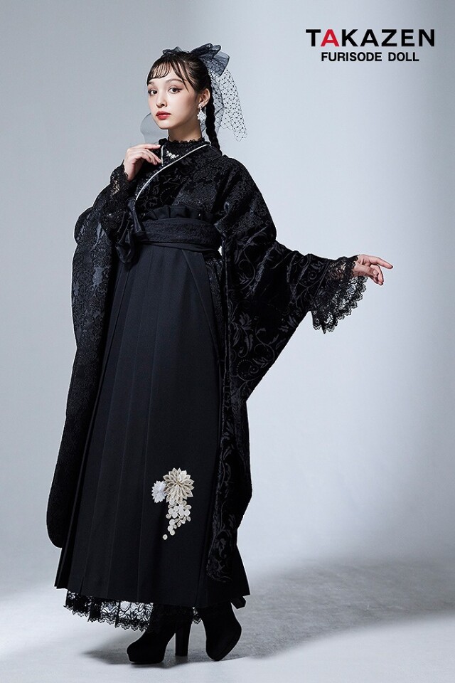 ヴィンテージスタイル 黒/オールブラック ジャガード生地 ベルベット おしゃれ レースインナー ブーツコーデ 香川るな袴ネットレンタル LH1の衣装画像3