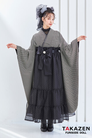 No.5232 ヴィンテージスタイル袴　黒/グレー　千鳥柄　モノトーン　おしゃれ　アンティーク調　ガーリー　リボン付きドレス袴ネットレンタル　香川るな　LH7