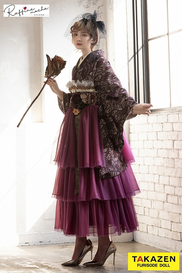 ヴィンテージスタイル ワインレッド レース素材 フリルドレス袴ネットレンタル 目立つ アンティーク調 人気 R25088の衣装画像2