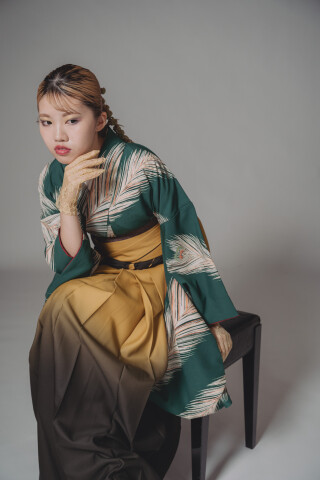 No.14043 【着物】羽の音　× 【袴】からしぼかしダークグリーン