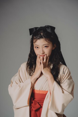 No.14045 【着物】ベージュ花　× 【袴】柿色ぼかしグリーン