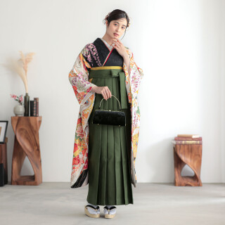 R2187 相良刺繍 黒 牡丹と鶴に扇面熨斗